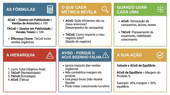 Infografico de seis paineis comparando metricas ACoS e TACoS mostrando formulas (ACoS igual a gastos em publicidade dividido por vendas de anuncios, TACoS igual a gastos em publicidade dividido por vendas totais incluindo organicas), quando usar cada metrica (ACoS para otimizacao de campanhas, TACoS para estrategia de negocio), a hierarquia estrategica de metricas desde lucro total ate ACoS tatico, avisos sobre limitacoes do ACoS, e formula de calculo do ACoS de equilibrio