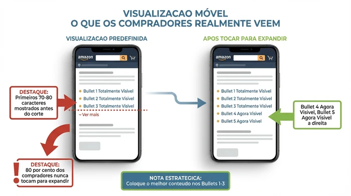 Comparação lado a lado de dois ecrãs de telemóvel mostrando a visibilidade dos bullet points da Amazon. O ecrã esquerdo mostra a visualização predefinida recolhida com bullets um a três totalmente visíveis é umlink ver mais, com anotação de que os primeiros 70-80 caracteres são apresentados antes da truncagem. O ecrã direito mostra a visualização expandida após tocar, revelando bullets quatro e cinco. O destaque nota que 80 por cento dos compradores nunca tocam para expandir, aconselhando a colocar o melhor conteúdo nósprimeiros três bullets.