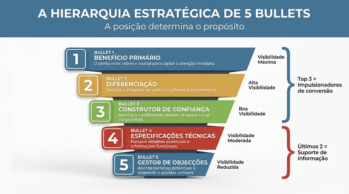 Infográfico de pirâmide invertida mostrando a hierarquia estratégica de cinco bullet points da Amazon. O bullet um no topo é o nível maior para benefício primário com palavra-chave principal, sempre visível no telemóvel. O bullet dois para diferenciação é obullet três para construção de confiança também estão sempre visíveis. Os bullets quatro para especificações técnicas e cinco para gestão de objeções requerem tocar para ver. A anotação latéral agrupa os três primeiros como impulsionadores de conversão e os últimos dois como suporte de informação.